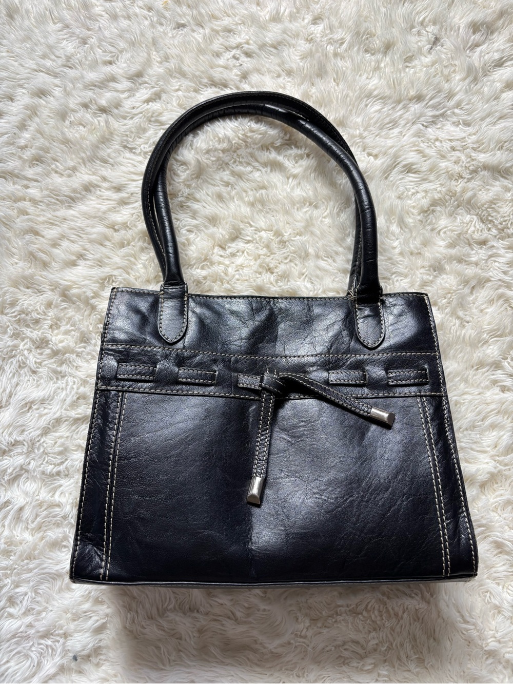 Classic Vintage Black Leather Tote Handbag